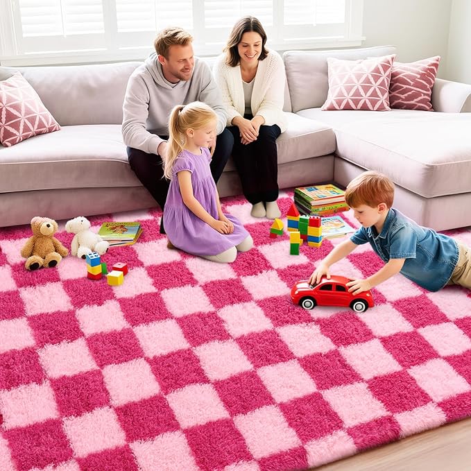 Checkered Rugs for Bedroom, 4x6 Ultra Fluffy Fuzzy Shag Area Rug for Living Room, Modern Plush Soft Upgrade Non-Slip Carpet for Girls and Kids Room Dorm Nursery Home Decor, Pink and Hot Pink