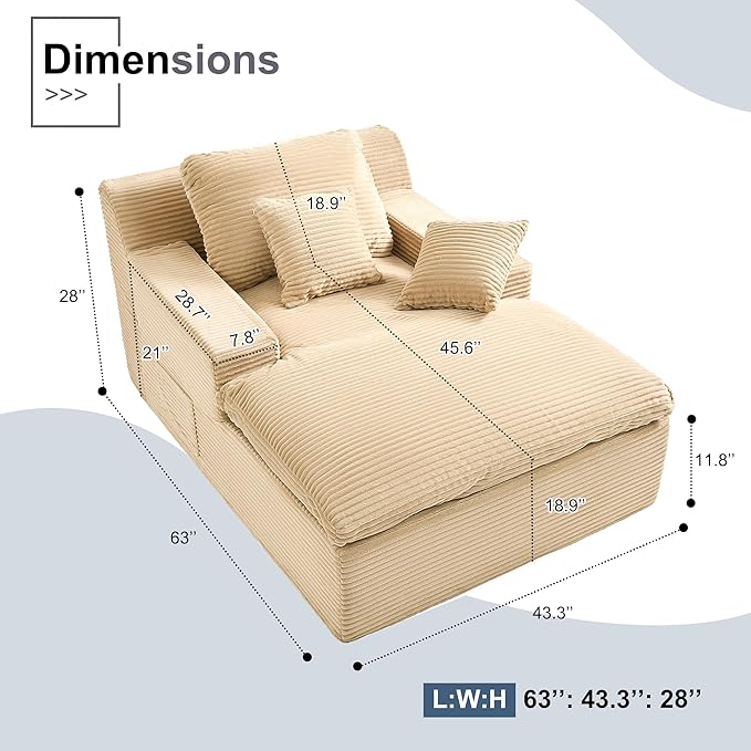 63" Oversized Chaise Lounge Chair Indoor, Extra Cloud Layer, Convertible Sleeper Sofa Couch with Removable Pillows & Side Pockets, Corduroy Upholstered Sofa Bed with Armrests for Living Room, Camel