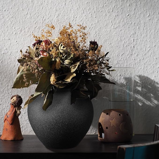 Black Ceramic Decorative Flower Vase 8.27" x 8.66" Textured Round Rustic Pottery Vintage Large Vase for Home Decor Centerpieces Living Room Christmas Decoration