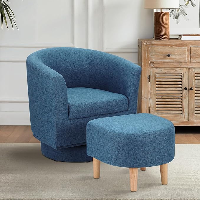 DAZONE Accent Chairs Set of 2, Blue Barrel Chair with Ottoman, Comfy Armchair for Small Spaces, 360° Modern Fabric Lounge Chair for Living Room, Bedroom, Reading Nook, Home Office