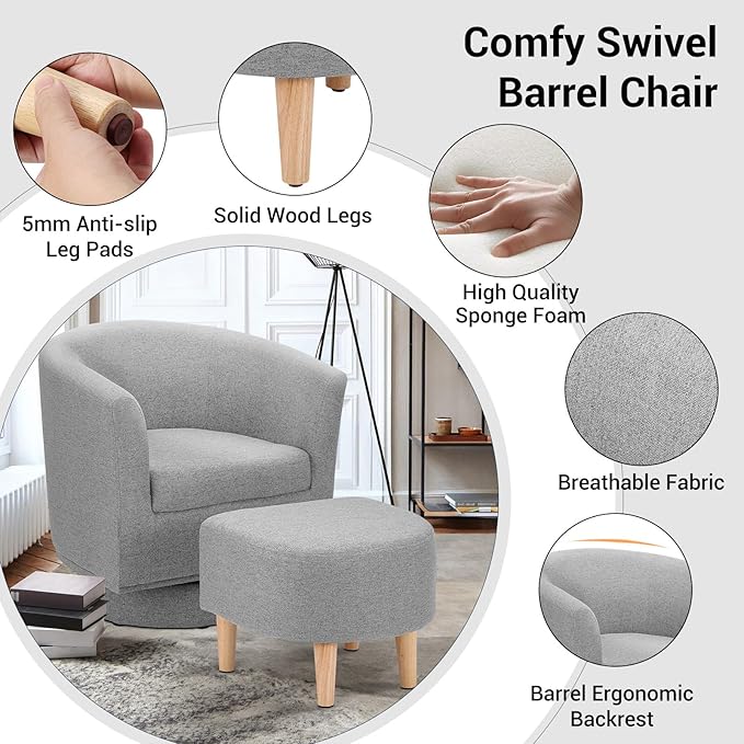 DAZONE Swivel Accent Chair, Modern Barrel Chair with Ottoman, Comfortable Living Room Chairs Upholstered Armchairs 360 Degree Swivel Round Club Tub Armchair for Bedroom Reading Room, Grey
