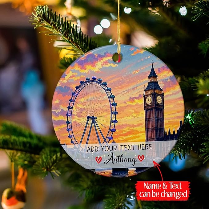 Personalized Millennium Wheel London Ceramic Christmas Tree Ornament, Millennium Wheel Souvenir Xmas Keepsake Ornaments, Customized Text/Name London Trip Memories Christmas Ornament Gifts for Family