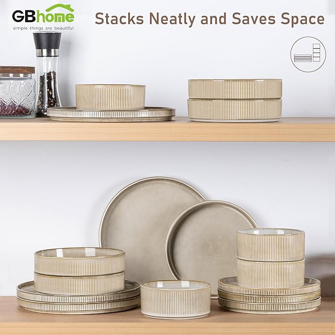 GBHOME Stoneware Dinnerware Sets for 6,Round Reactive Glaze Ceramic Plates and Bowls Set,Highly Scratch Resistant | Dishwasher & Microwave Safe Dishes Set,Service for 6(18Pcs)