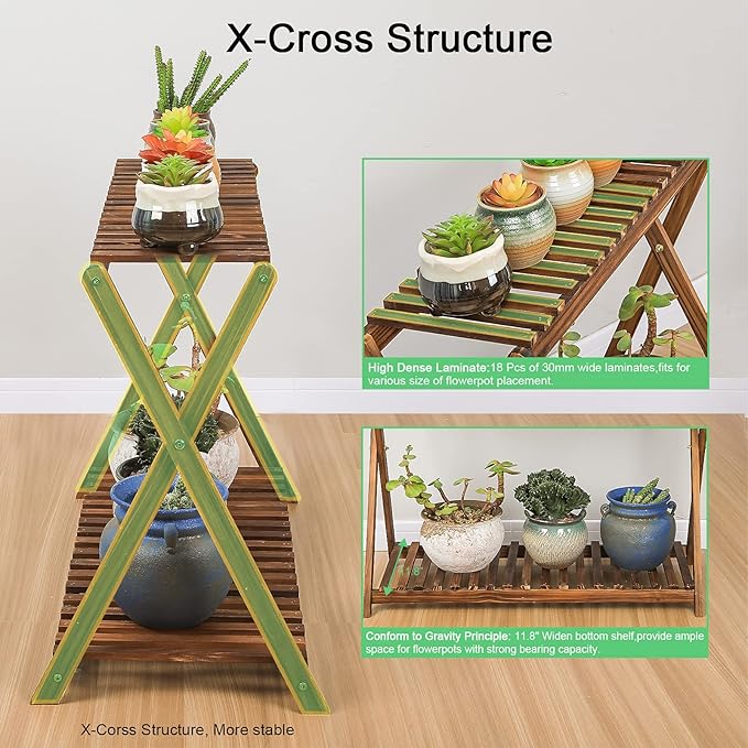 Wooden Plant Stand Indoor 2 Tier Narrow Plant Stand Outdoor Plant Shelf Display Rack Corner Flower Rack Stand for Living Room Garden Patio Balcony (X-Cross Design)