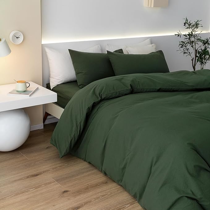 JIYUAN 100% Washed Cotton Duvet Cover Set 3 Pieces Queen, 1 Duvet Cover 90x90 Inches(Comforter Not Included) and 2 Pillowcases,Linen Feel Bedding Set Comfy and Breathable,Forest Green