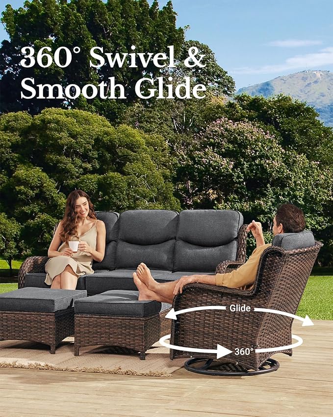 HILLGA Luxury High Back Patio Furniture Set with 6-Inch Thick Cushion, 6-Piece Outdoor Conversation Set with Sofa, Swivel Rocker Chairs & Ottomans, Ideal for Porch Pool Deck Yard (Dark Grey)