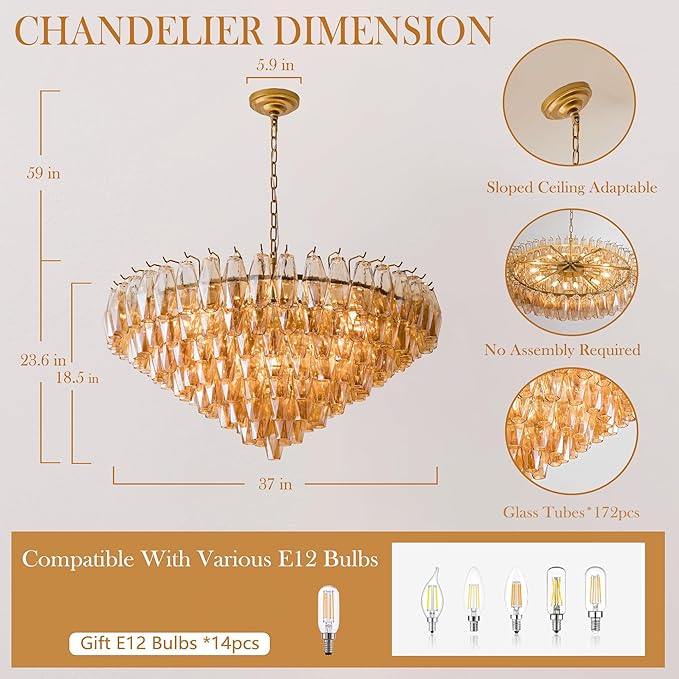 37" Extra Large Chandelier, 14-Light Gold Modern Round Chandelier for Living Room, Tiered Smoke Blown Glass Brass Chandeliers, Hanging Light Fixture for Bedroom, Dining Room, Foyer, Entryway