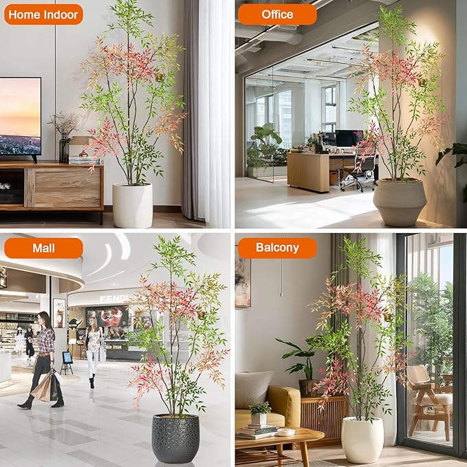7.2ft Faux Bamboo Tree Artificial Nandina Tree Artificial Indoor Plants Realistic Fake Potted Tree with 800+ Leaves, Cement Planter - Home Office Decor Perfect for Housewarming Gift Non-Toxic