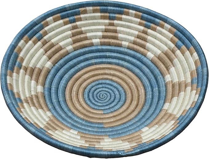 Handwoven African Basket Handmade sisal Fruit Bowl Wall Hanging decorative Baskets for Home Living Room Kitchen Centerpiece Zen Designs Arts and Crafts (Blue Tan Natural, 10in diameter)