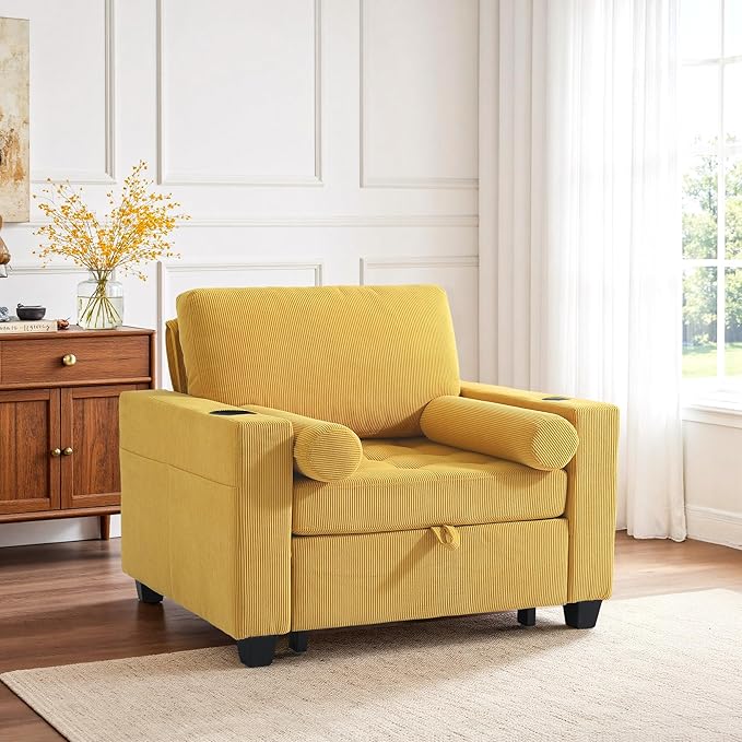 UIXE 3-in-1 Sleeper Chair Pull Out Sofa Bed, Convertible Reclining Seat Upholstered Armchair, Adjustable Backrest Recliner Chair with Side Pockets, Cup Holder & USB Ports - Yellow