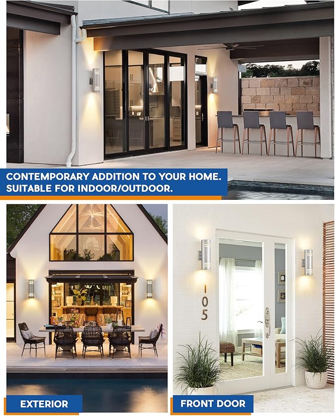 TENGXIN 2 Pack Dusk to Dawn Patio Wall Light Cylinder,Up Down Modern Outdoor Wall Sconce with Stainless Steel Cylinder,Brushed Nickel Exterior Lighting Fixtures