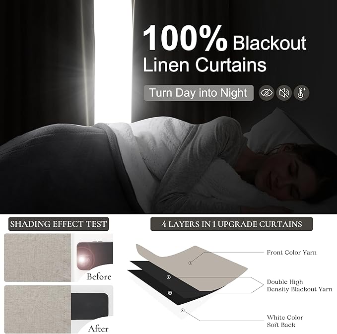 Grey Flax Linen 92 Inch Length Pinch Pleated Viral Thick Curtains Blackout & Drapes 2 Panels Set for Living Room, Windows Bug with Memory Trained Beige Back Tab for Traverse Rods (40"Wx92"Lx2)