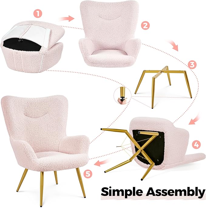 Yaheetech Accent Chair with Ottoman, Boucle Fabric Armchair Footstool, Modern and Cozy Vanity Chair with Golden Legs for Living Room, Lounge, Makeup Room, Bedroom, Pink
