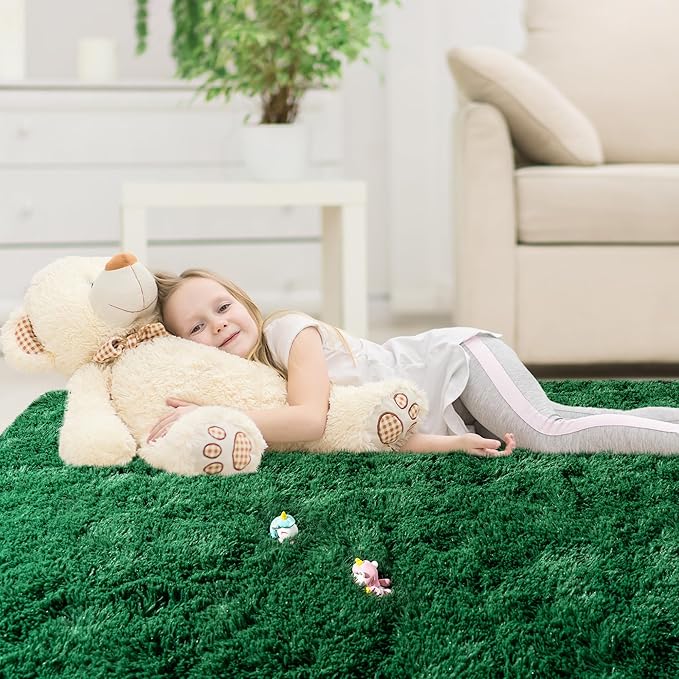 9x12 Area Rugs for Living Room, Green Fluffy Shaggy Rug Soft Carpets, Big Rugs for Bedroom Nursery Kids Room Dorm Home Decor Aesthetic, Dark Green