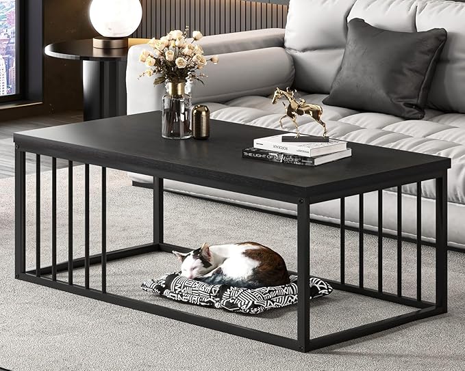 FOLUBAN Black Coffee Table, Modern Industrial Wood and Metal Center Table, Rectangle Cocktail Tea Table for Living Room, Black, 43.3 Inch