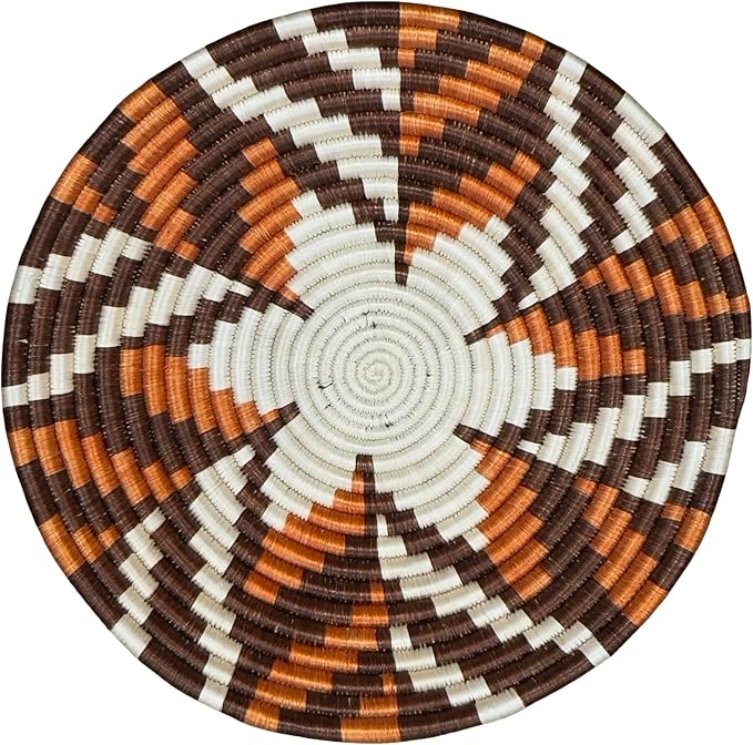 Handwoven African Basket Handmade sisal Fruit Bowl Wall Hanging decorative Baskets for Home Living Room Kitchen Centerpiece Zen Designs Arts and Crafts (Dark Brown Orange White, 8in diameter)