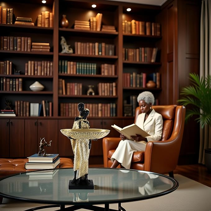 African Couple Resin Tray Sculpture – Black and Gold Decorative Bowl Statue for Entryway, Vanity, Coffee Table, Key Candy Jewelry Holder, Ethnic Art Home Decor Gift