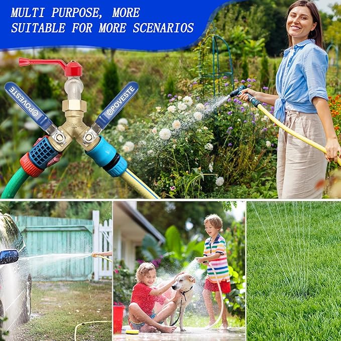 2 Way Brass Garden Hose Splitter Heavy Duty, Full Flow Y Valve Water Hose Splitter With Anti-Pinch Finger Long Raised Handle, 3/4" GHT Thread Water Tap for Gardening