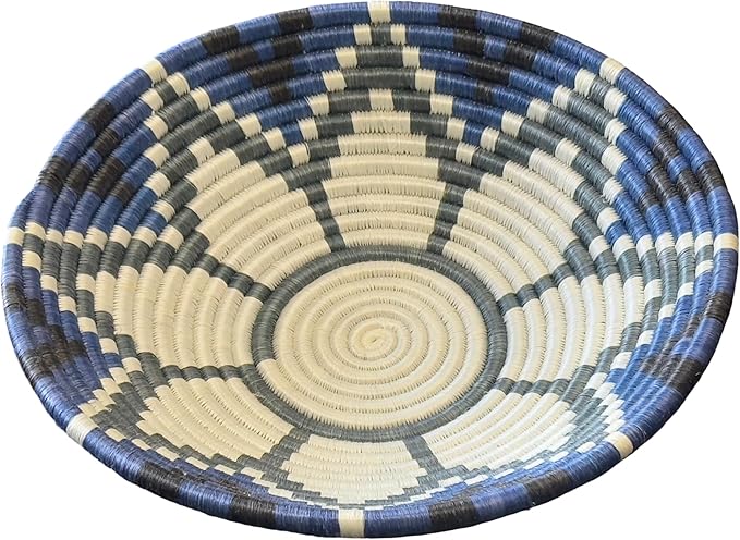 Handwoven African Basket Handmade sisal Fruit Bowl Wall Hanging decorative Baskets for Home Living Room Kitchen Centerpiece Zen Designs Arts and Crafts (Royal Blue Floral, 12in diameter)
