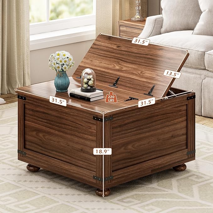 Farmhouse Coffee Table with Storage, Large Square Coffee Table with Wood Gourd Feet and Hydraulic Gas Rod for Living Room, Walnut