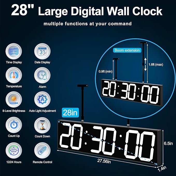 Digital Clock Large Display 28" with Remote Control,Double-Sided Clock, Suspended Design for Hospitals, Factories, Airports.