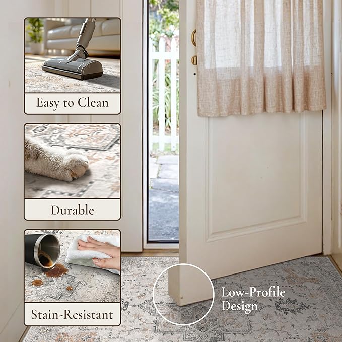 GENIMO 4x6 Area Rugs for Living Room, Machine Washable Low Pile Vintage Rugs, Non Slip Lightweight Chenille Print Rug for Bedroom, Dining Room, Home Office, Light Taupe Brown