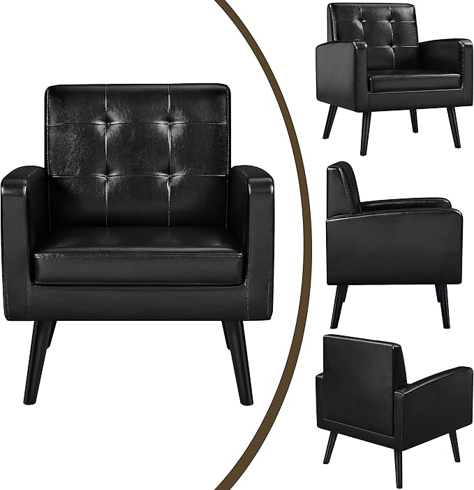Yaheetech Mid-Century Accent Chairs, PU Leather Modern Upholstered Living Room Chair, Cozy Armchair Button Tufted Back and Wood Legs for Bedroom/Office/Cafe Black 2PCS