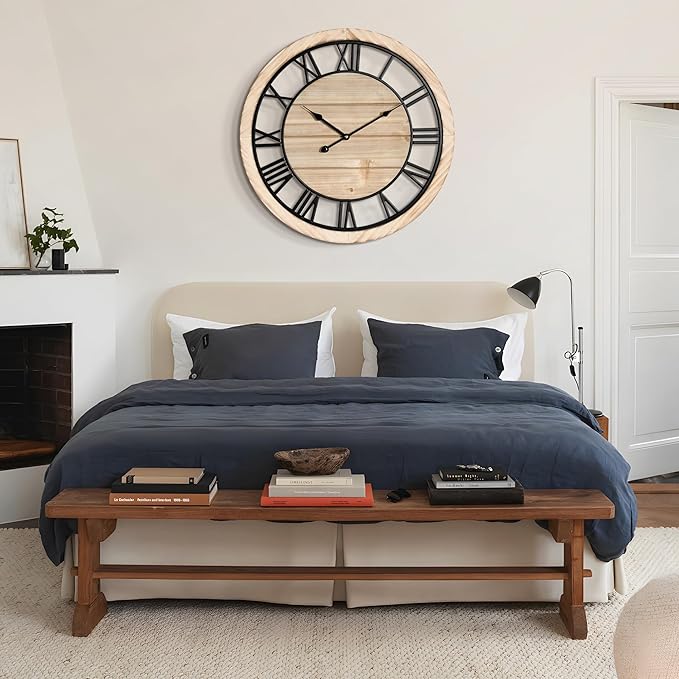 LEIKE 30 Inch Extra Large Wall Clock - Rustic Wooden Nearly Silent Wall Clock with Black Metal Frame, Vintage Farmhouse Decorative for Living Room, Bedroom, Kitchen - Roman Numerals, Modern Design