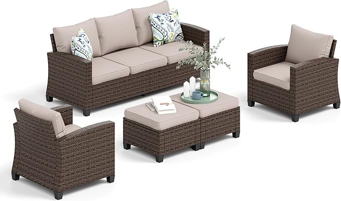 HERA'S HOUSE Patio Furniture Set, 5 Pieces Outdoor Wicker Furniture, All Weather Rattan Patio Conversation Set for Lawn Deck Backyard, Brown/Beige