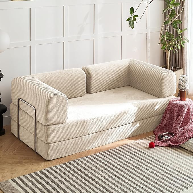 Modern Convertible Lounge Chair, Corduroy Fabric, Square Platform Design with Metal Frame, Floor Sofa Bed with Fixed-Shape Frame,Living Room Seating with Armrest (Beige, 3-Seater Sofa)