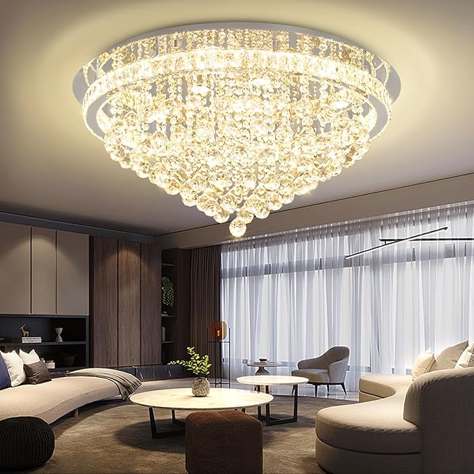 Dia 32" Modern Crystal Chandeliers for Living Room LED Dimmable Raindrop Chandelier Silver Ceiling Pendant Light with Remote Flush Mount Crystal Ceiling Light for Dining Room Bedrooms Foyer