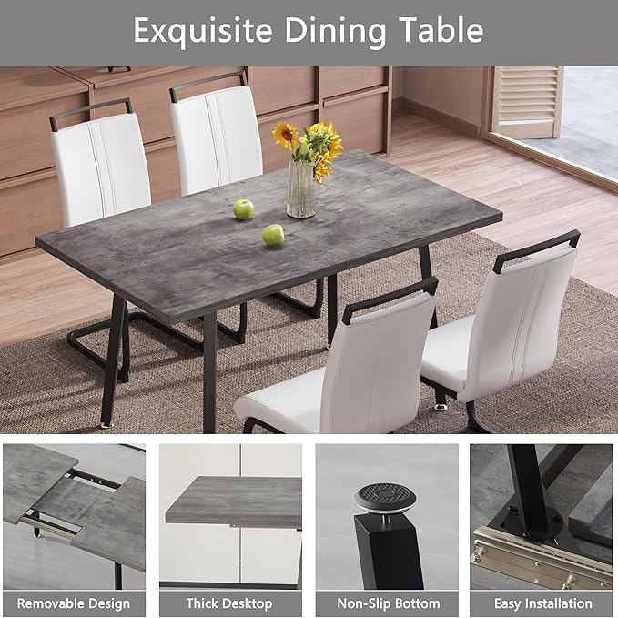 5 Piece Dining Table Set for 4-6,55-71" Extendable Dining Table Set with 4 Upholstered Chairs,Rectangle Kitchen Table Set for Small Space,Dining Room and Office,Grey