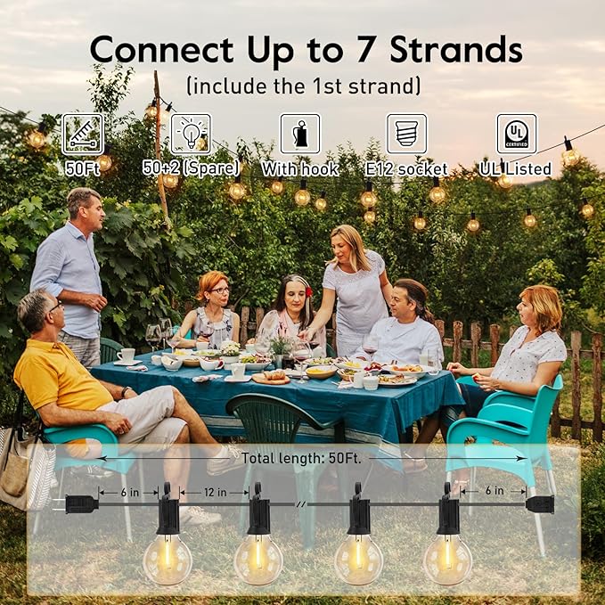Outdoor String Lights Hanging Globe Patio Lights with 50 G40 Shatterproof Bulbs(2 Spare), IP44 Waterproof Connectable Commercial 50 Hanging Light for Indoor Outdoor Decor