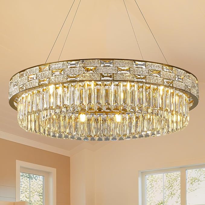 Crystal Chandelier, 31" 12-Light Large Chandelier for Living Room, Round Gold Chandeliers for Bedroom, High Ceiling Chandeliers, Foyer Lighting Fixtures Hanging Lights Dimmable