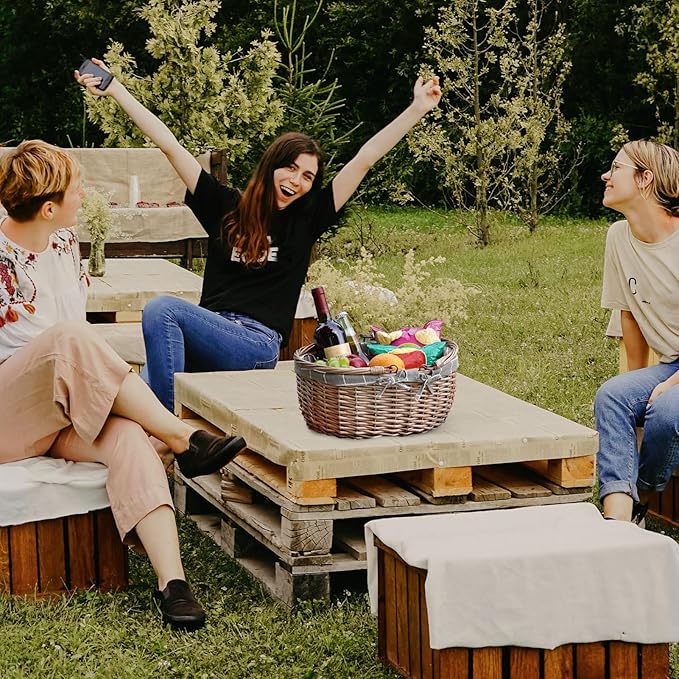 G GOOD GAIN Oval Picnic Basket with Folding Handles, Willow Hand Woven Shopping Basket, Bath Toy Kids Toy Storage Gift Packing Basket, Wicker Empty Easter Eggs and Candy Small Gift Basket.GreyCheck