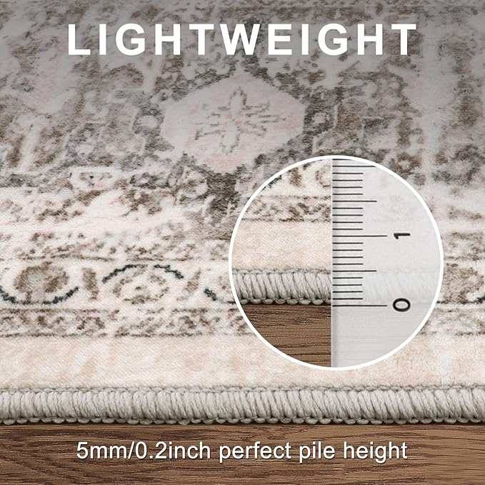 LIVEBOX 8X10 Area Rugs for Living Room, Washable Beige Neutral Boho Rugs Large Soft Non-Slip Rug, Low-Pile Vintage Medallion Rug, Retro Faux Wool Indoor Carpet for Dining Room Bedroom Office