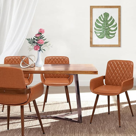 LUNLING Mid Century Modern Faux Leather Dining Chairs Set of 4,Orange Upholstered Seat,Metal Legs Kitchen Chair,Adjustable Foot for Kitchen Dining Room Desk Chairs