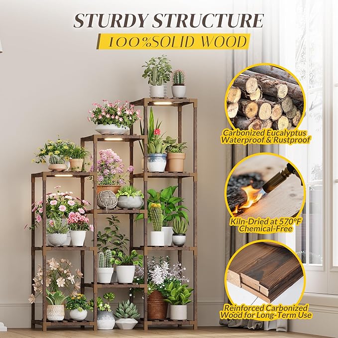 Wooden Plant Stand Indoor with Grow Light, 4-Tier Ladder Plant Shelf for Balcony, Living Room, or Corner | Carbonized Wood Plant Holder for Indoor Use, Space-Saving Design