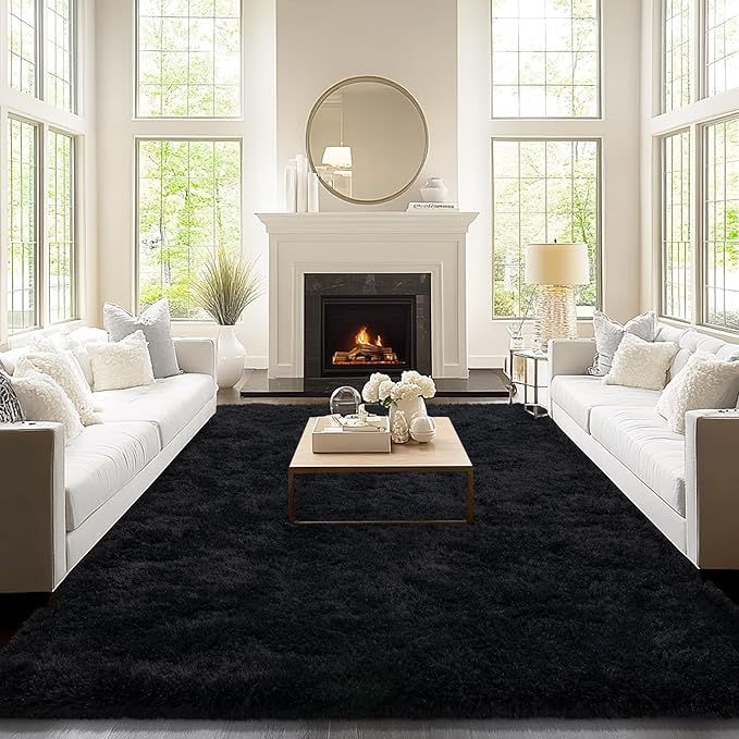 9x12 Area Rugs for Living Room, Black Fluffy Shaggy Rug Soft Carpets, Big Rugs for Bedroom Nursery Kids Room Dorm Home Decor Aesthetic