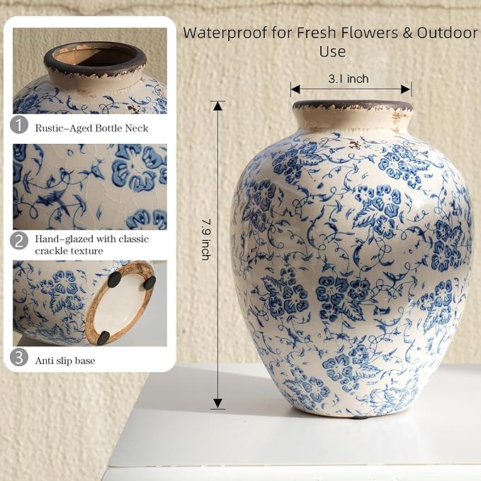 Vintage Blue and White Floral Ceramic Vase – Round Pottery Terracotta Jar for Home Decor, Rustic Farmhouse Boho Table Centerpiece, Fresh or Dried Flower Holder, 7.9 Inch Decorative Accent