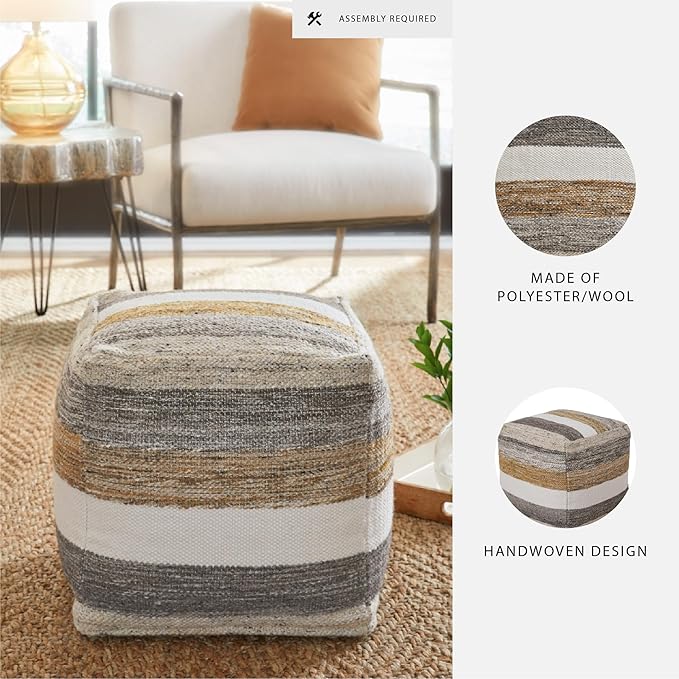 Signature Design by Ashley Josalind 16 Inch Casual Wool Pouf, Gray & Beige