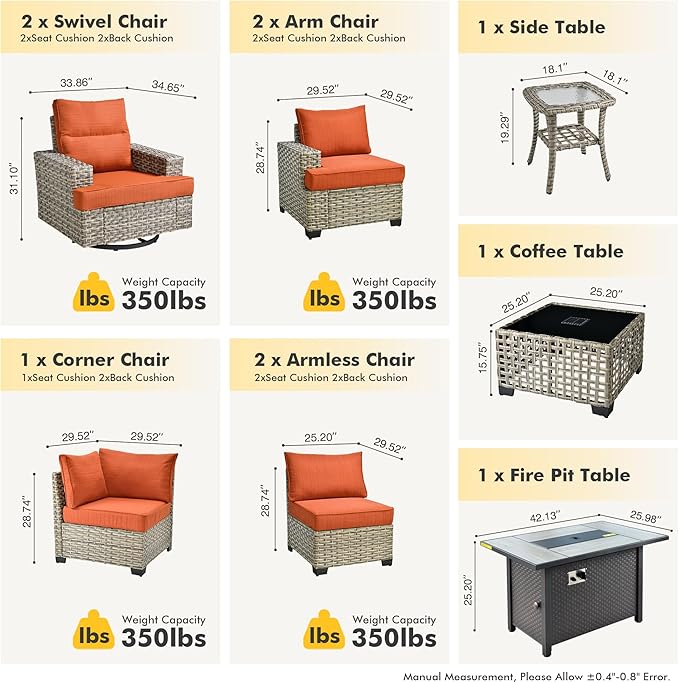 HOOOWOOO Outdoor Sectional Patio Furniture Set with Fire Pit Table,10 Pieces Wicker Conversation Sets L Shaped Couch,Extra Deep Out Door Sofa Outside Furniture with Swivel Chairs,Brick Red
