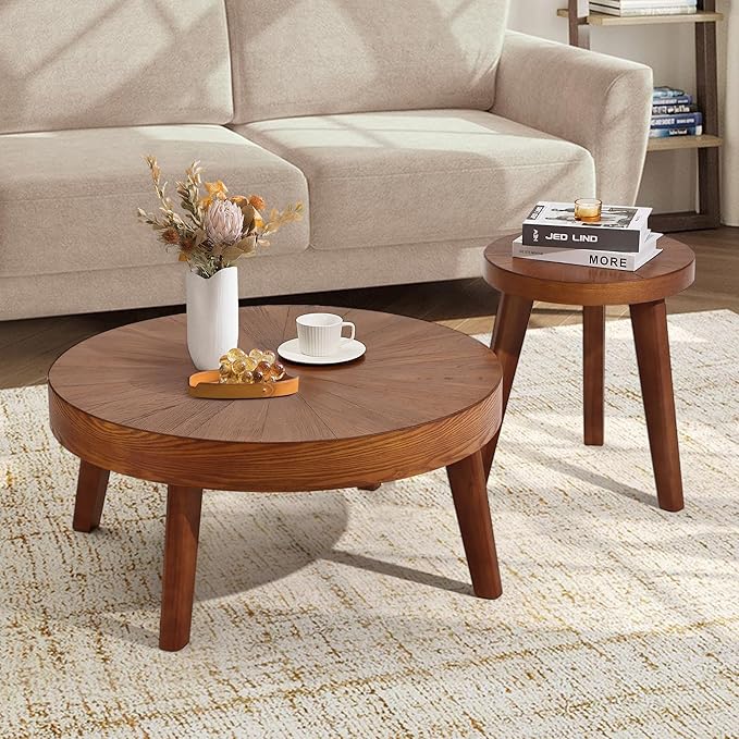 Farmhouse Round Coffee Table Set of 3, Boho Sofa Side Nesting Tables End Table Set with Wood Natural Finish for Living Room, Bedroom, Home Office,Brown