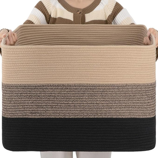 OIAHOMY 108L Large Cotton Rope Basket, Rectangle Woven Baskets for Storage, Nursery Blanket Storage Living Room, Toy Basket With Handle-25”x16”x16”-Yellow Black