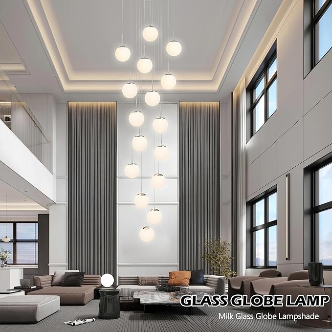 KoKo&Yukina 16-Light Nickel Mid Century Modern Chandelier for Living Room Staircase Chandelier for Entryway Globe Milky White Glass Pendant Light High Ceiling Chandeliers Foyer (Bulb & Remote Incl.)