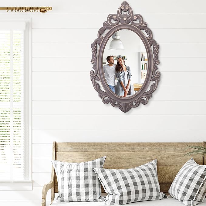 Brown Wooden Frame Wall Mirror Oval Vintage Mirrors Carved Hanging Mirror Decorative for Wall Baroque Style Rustic Aesthetic Mirror for Wall Home Living Room Bedroom Entryway Decor 28"x20"