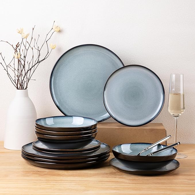 LeRatio Ceramic Dinnerware Sets for 4,Wavy Reactive Glaze Stoneware Plates and Bowls Sets,Highly Scratch Resistant | Dishwasher & Microwave,Oven Safe Dishes Set(12PCS)