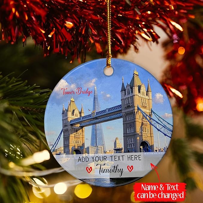 Personalized London Tower Bridge Ceramic Ornament Christmas 2025, United Kingdom London Tower Bridge Travel Xmas Tree Hanging Ornament, Custom Text/Name UK England Vacation Ornaments Keepsake Gifts