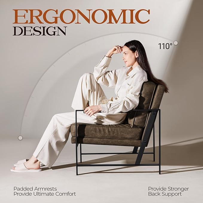 Yaheetech PU Leather Armchair, Retro Leisure Accent Chair with Extra Soft Padded and Cushion, Modern Reading Arm Chair with Black Metal Frame for Living Room/Office/Bedroom/Study, Brown