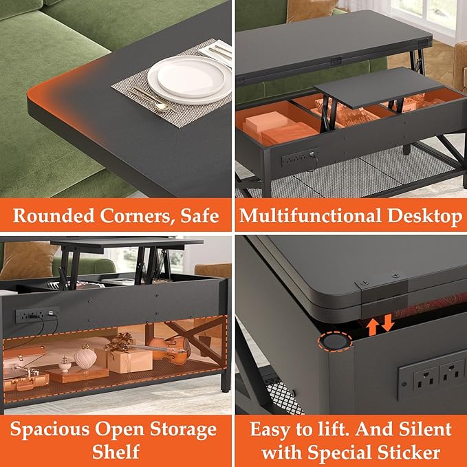 Aheaplus Coffee Table Lift Top Multi-Function Coffee Table Converts to Dining Table, with LED Light and Power Outlet, Center Table with Shelves for Living Room Reception Home Office, Black